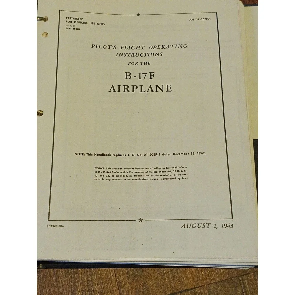 Pilot’s Flight Operating Instructions Manual For B-17 F Airplane 1943 (Reprint)